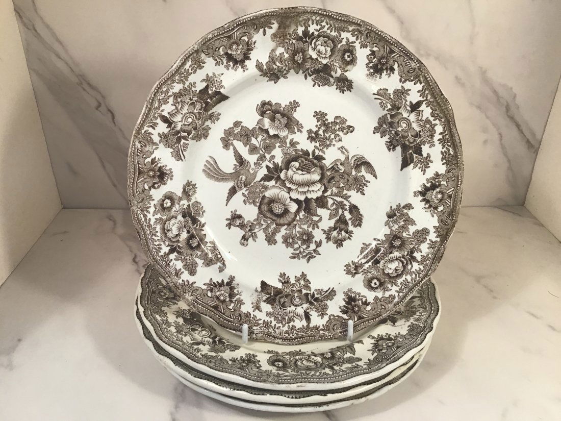 Set 4 1835-6 Brown Transferware 9.5” Dinner Plates Asiatic Pheasants Hackwood: Depicting pheasants flying around a flower-like nest. Mark on back is not a crack.