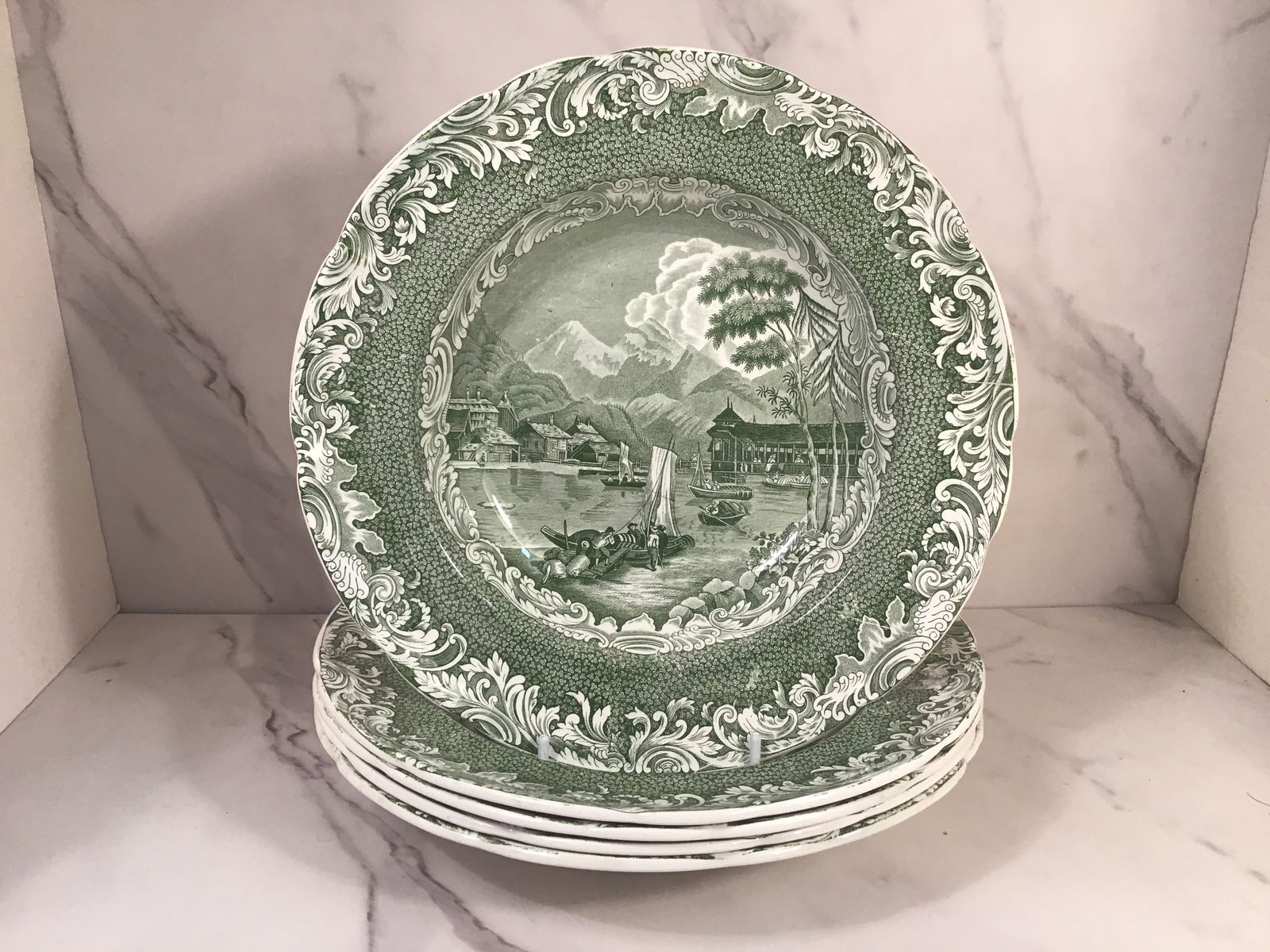 Set 5 Copeland Garrett Late Spode Green INTERLACHEN 10 Inch Soup Bowls: Depicting fisherman and boats in a harbor. Excellent condition.