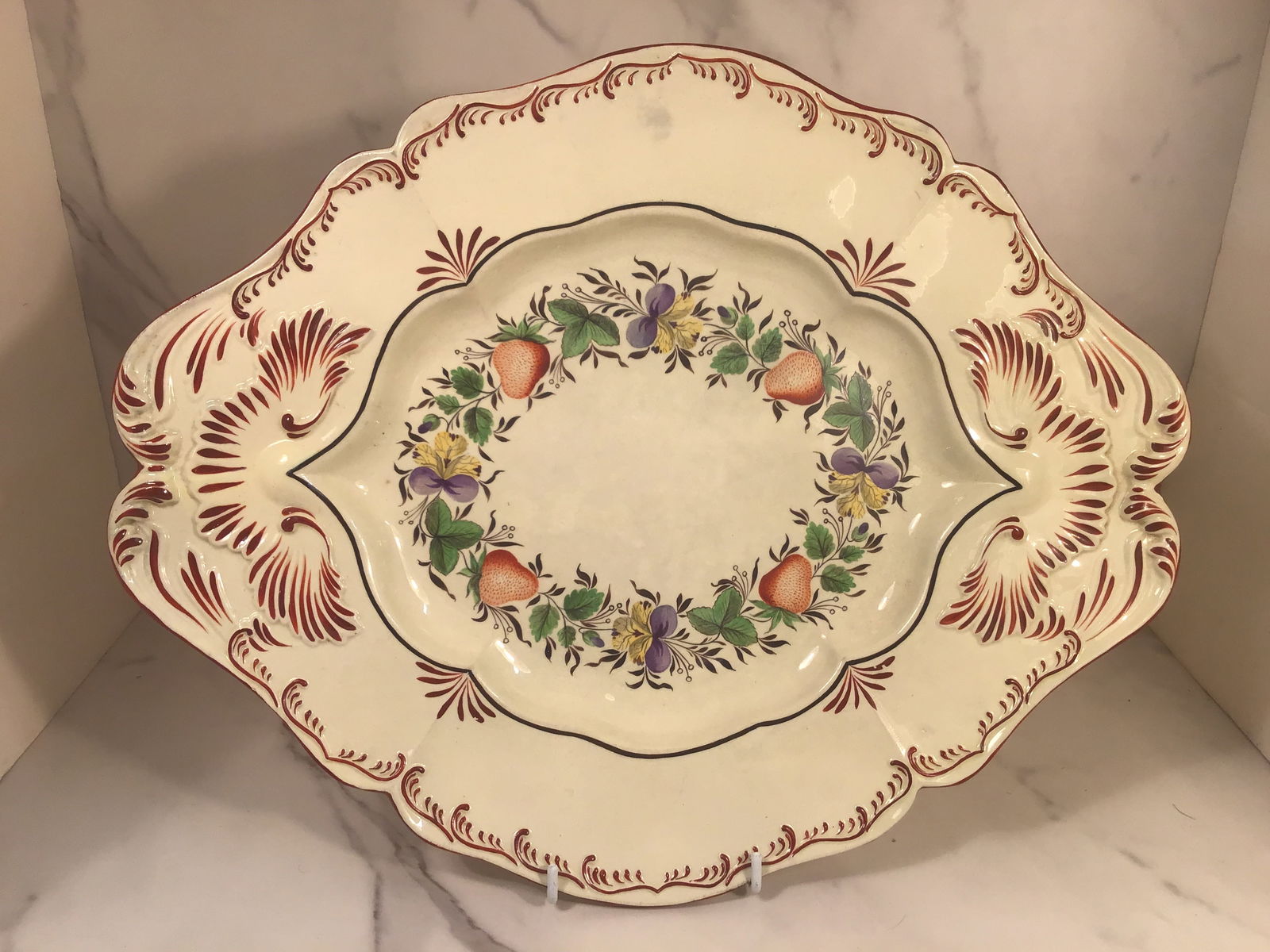 RARE 16 Inch Wedgwood Creamware Oval Platter Handpainted Scalloped Edges (1 of 3)