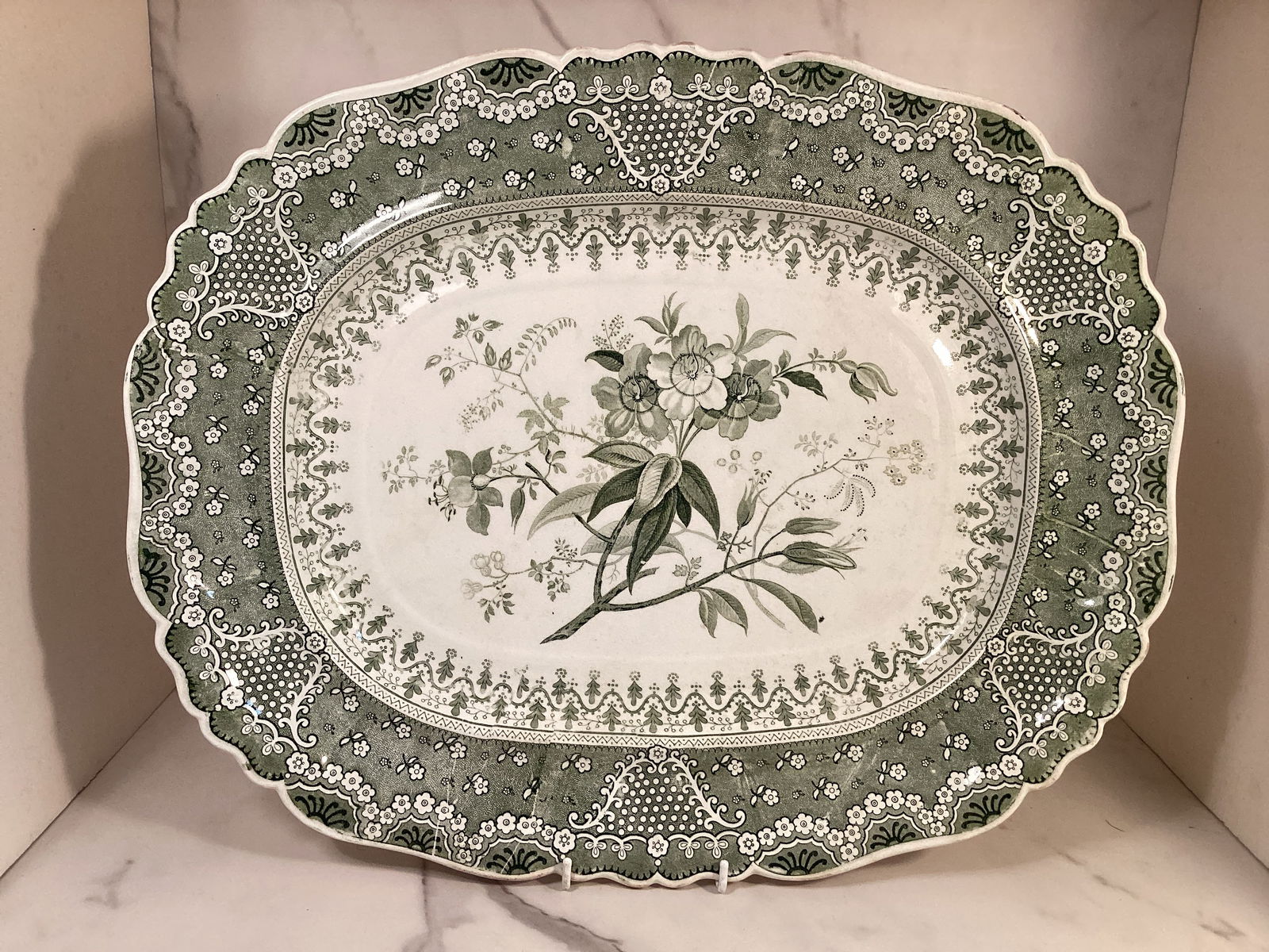 English Staffordshire Green Transferware 17.5 Inch Platter ASIATIC PLANTS (1 of 2)