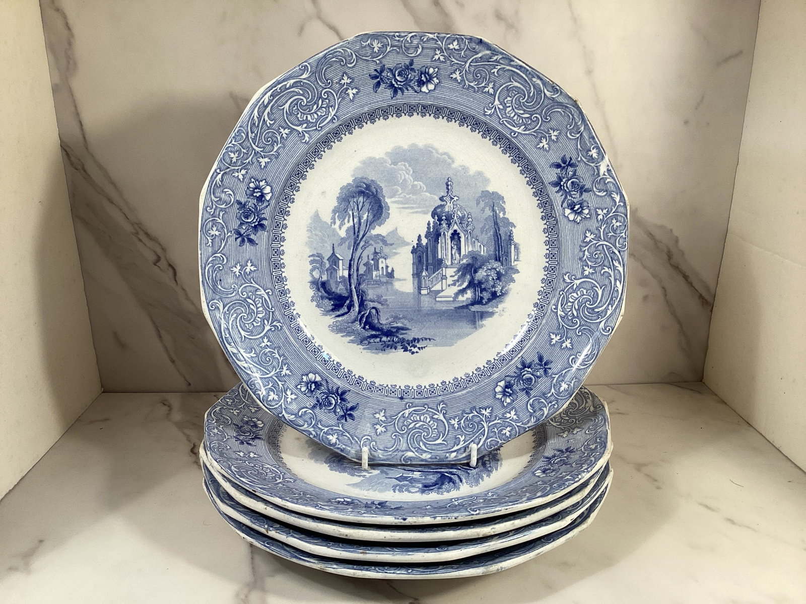 Set 5 English Staffordshire Blue 10.5 Inch Plates Davenport MONTILLA: A romanticized temple on a lagoon