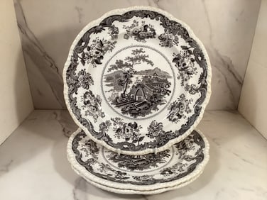 3 English Staffordshire Black Transferware 10.5 In Dinner Plates CHINESE MARINE