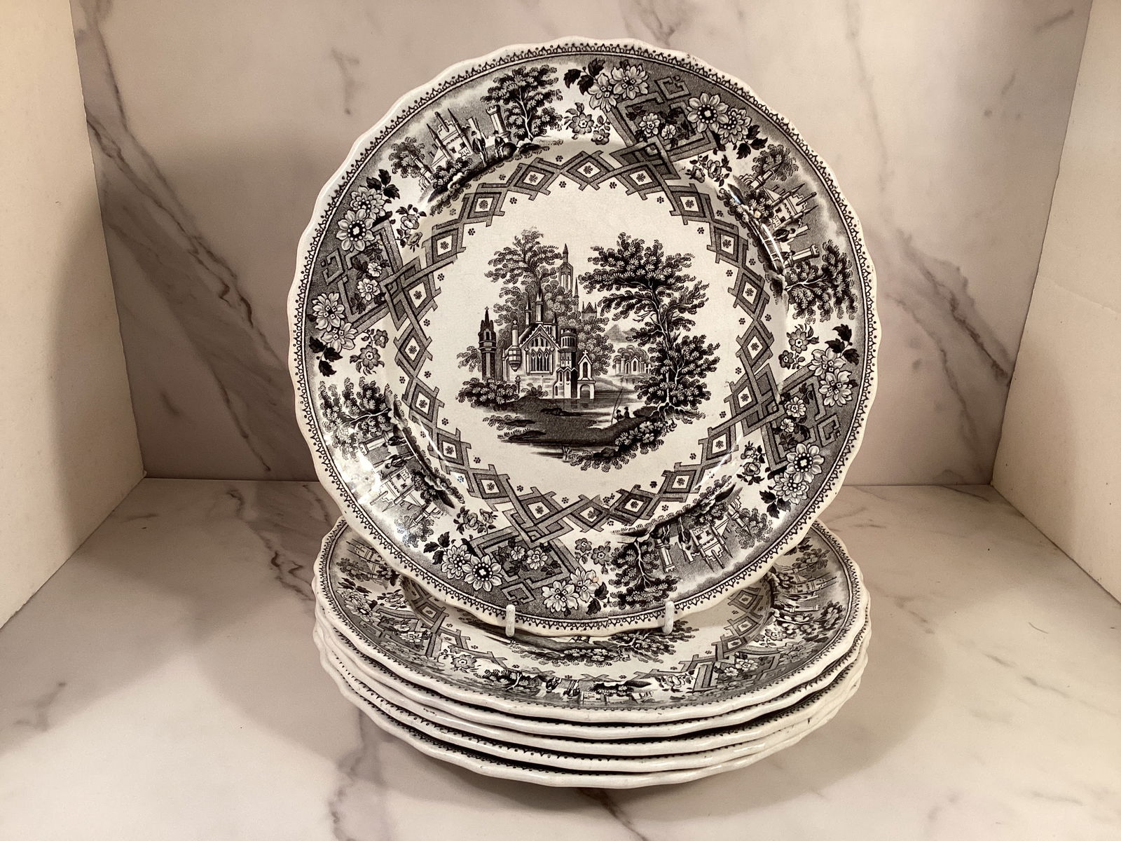 Set 6 English Staffordshire Black Transferware Gustaf 10 Inch Dinner Plates (1 of 2)
