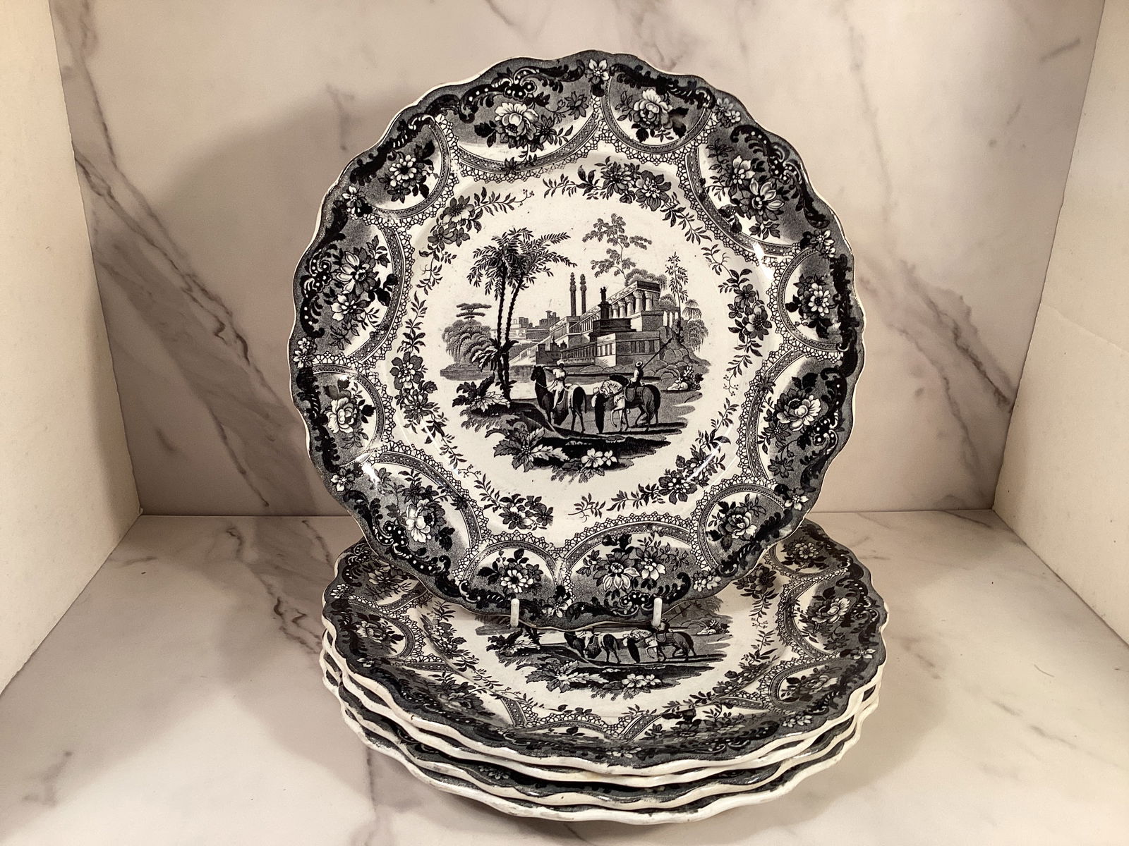 5 English Staffordshire T. Mayer Dinner Plates Black MOGHUL SCENERY: Depicts 2 men on horseback within a romanticized templescape 10.5”