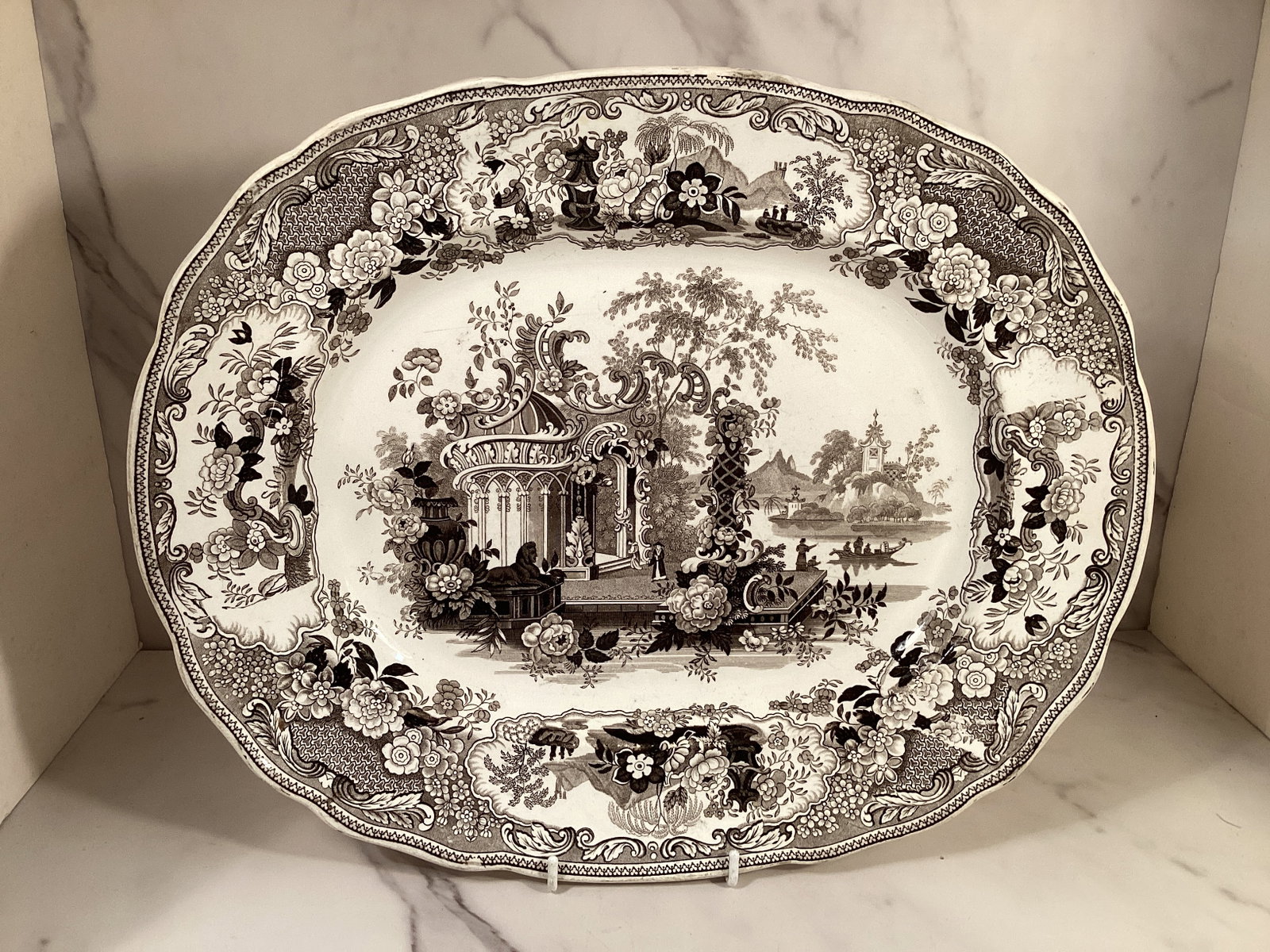 English Staffordshire Brown Transferware 14.5 Inch SICILIAN Platter: Depicts a Greek temple like setting with flowers and a sphinx