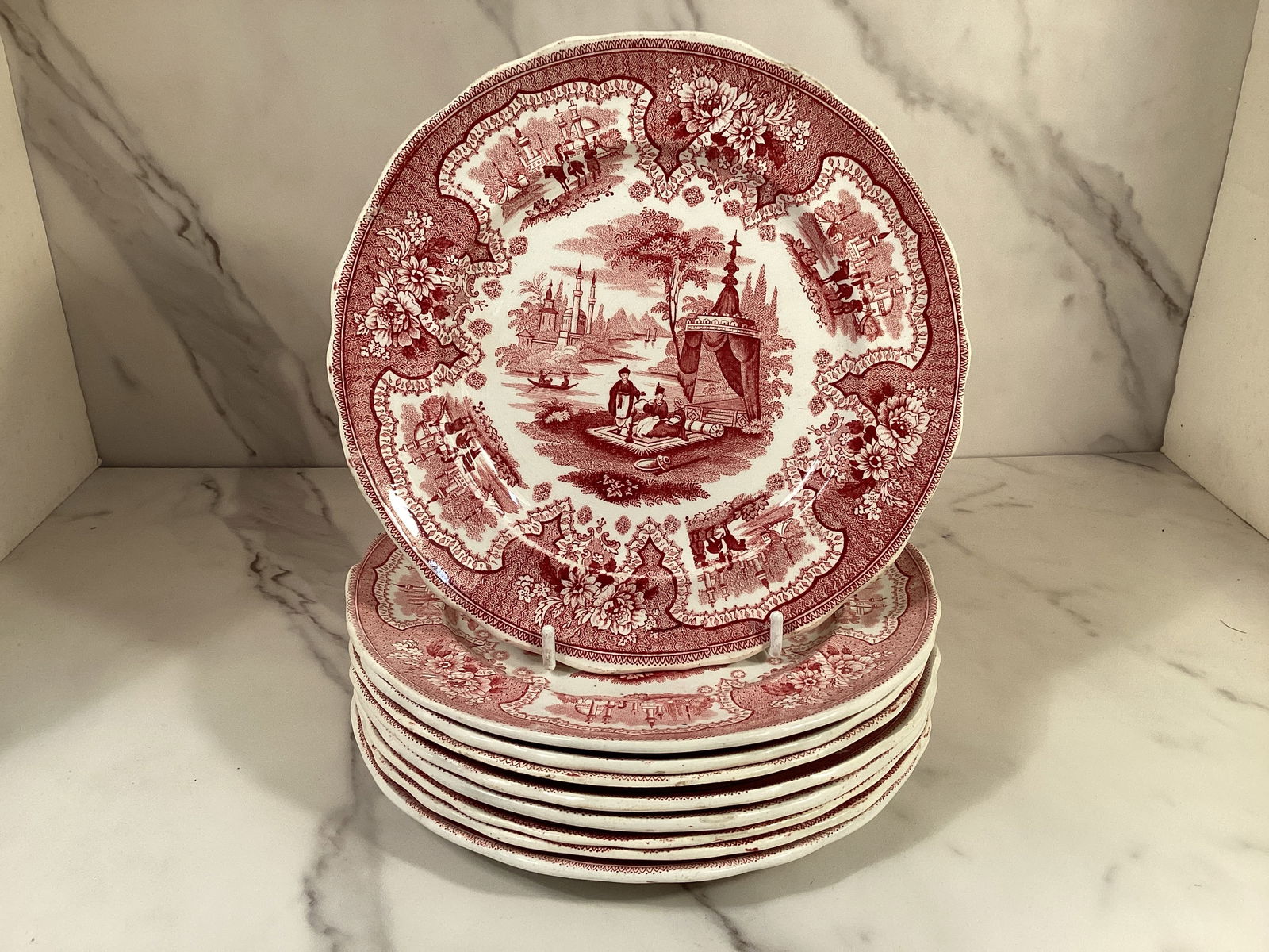 Set 9 Adams Red PALESTINE English Staffordshire 7.5 Inch Plates: Depicts three people reclining outside a presumed desert tent