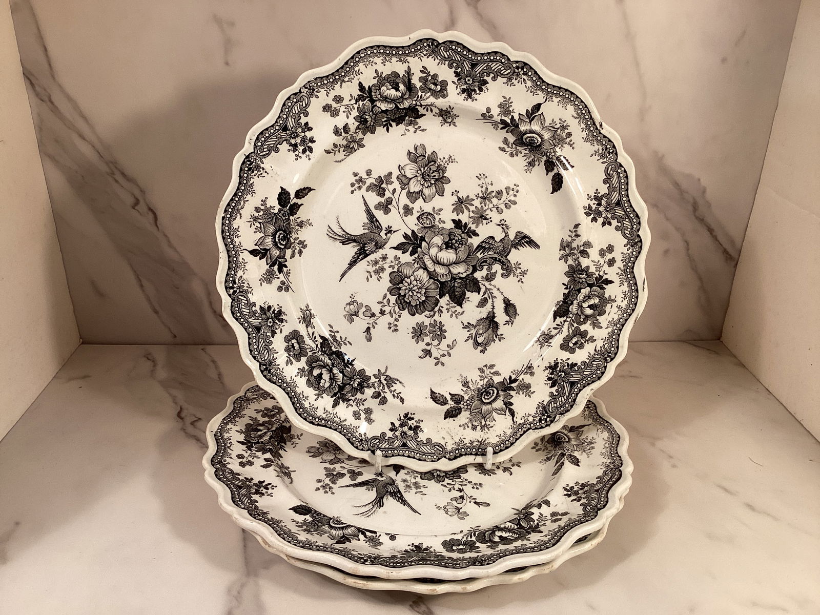 3 Black Transferware 10.25 Inch Dinner Plates Asiatic Pheasants Hackwood (1 of 2)