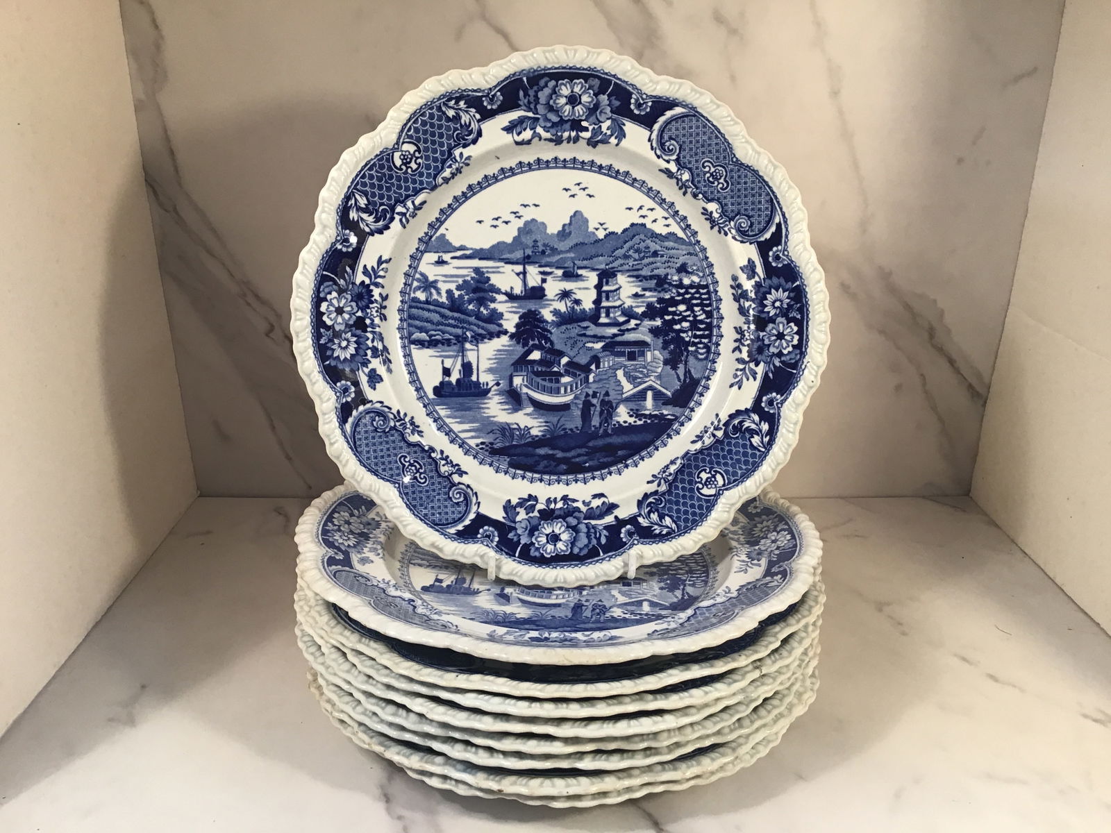 9 J.W. Ridgfield INDIA TEMPLE Staffordshire Blue 10 Inch Dinner Plates (1 of 2)