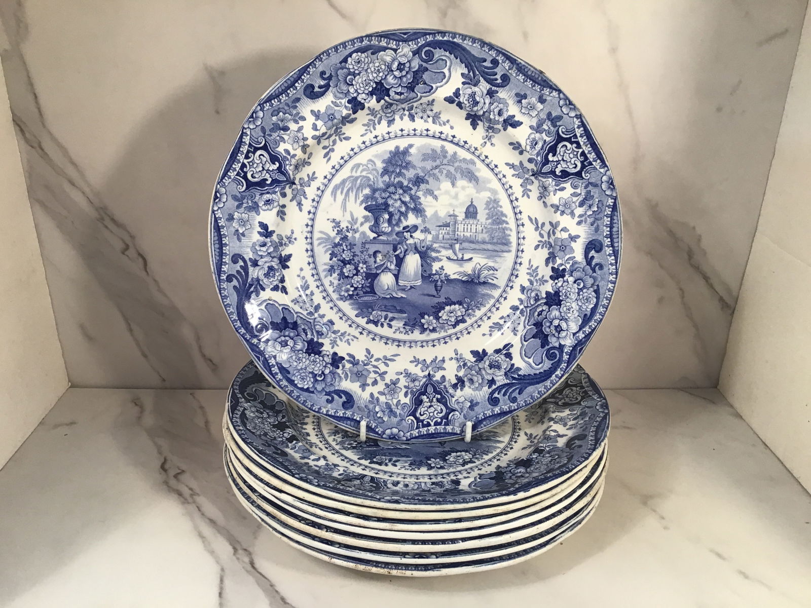 8 English Staffordshire R. Hall ITALIAN BUILDINGS Blue 10.5 Inch Dinner Plates: Depicts two women exchanging flowers in front of a large floral garden urn.