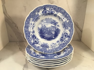 Set 7 Ridgway TYROLEON English Staffordshire 9.5 Inch Blue Soup Bowls