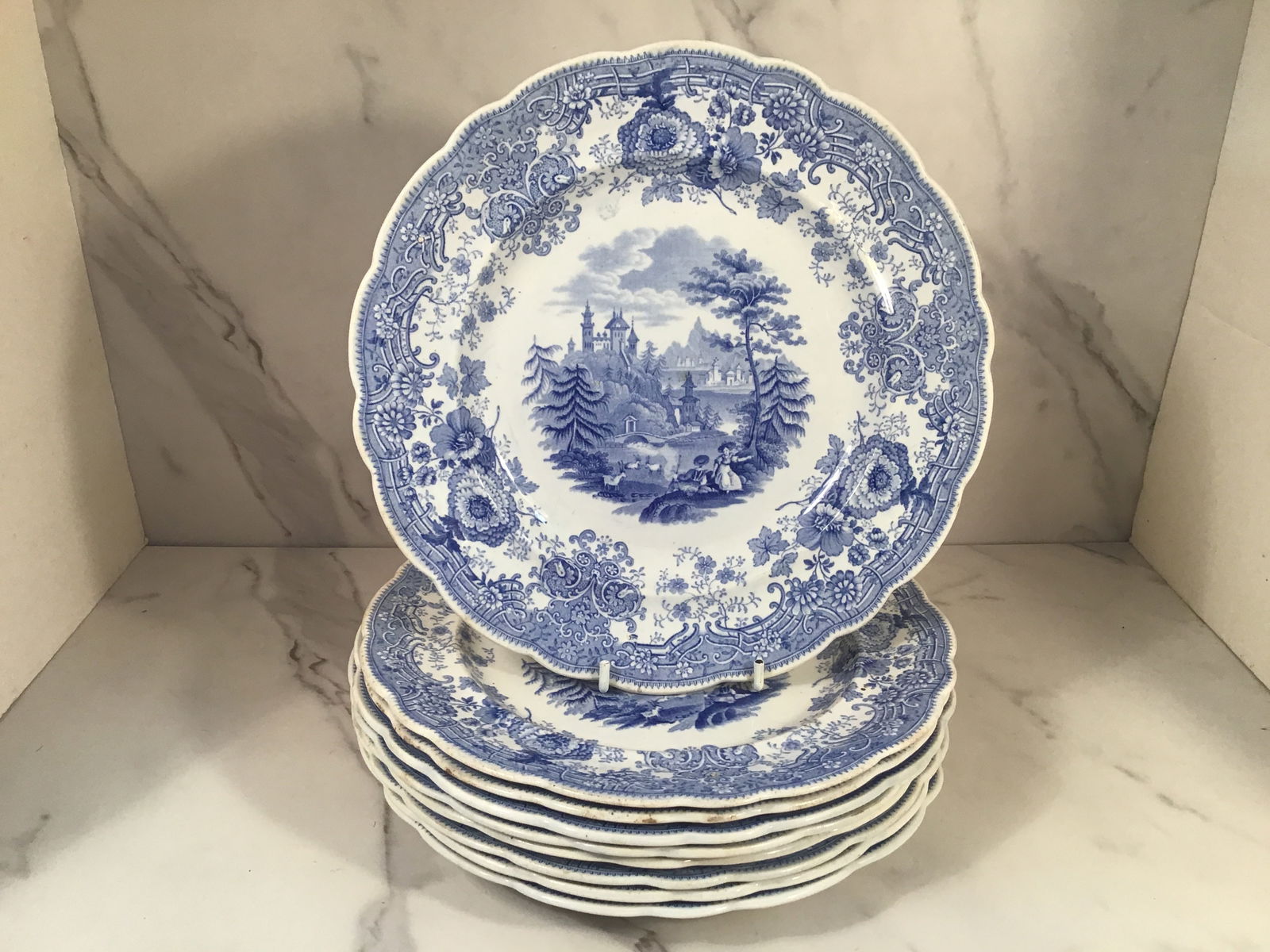 Set 9 Ridgway TYROLEON English Blue Staffordshire 9 Inch Plates (1 of 2)