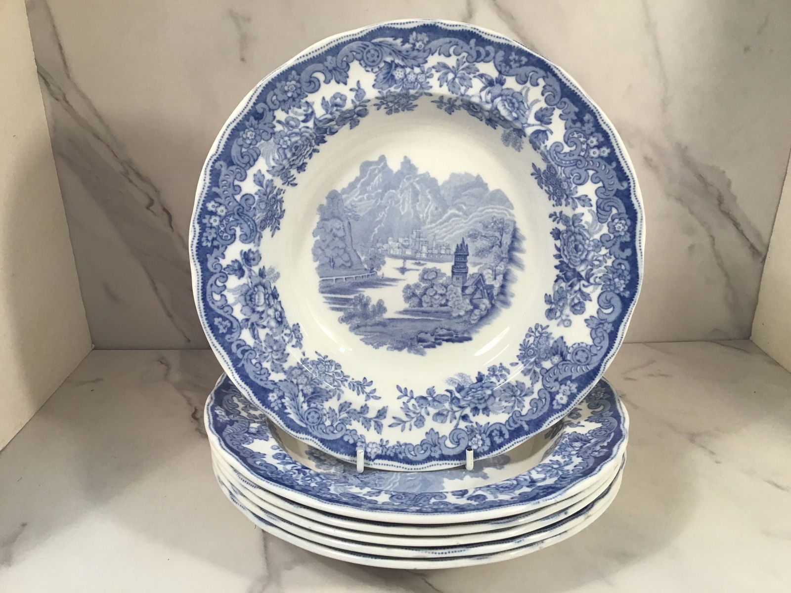 Set 6 Late Copeland Spode English Staffordshire 9 Inch Blue Soup Plates (1 of 2)
