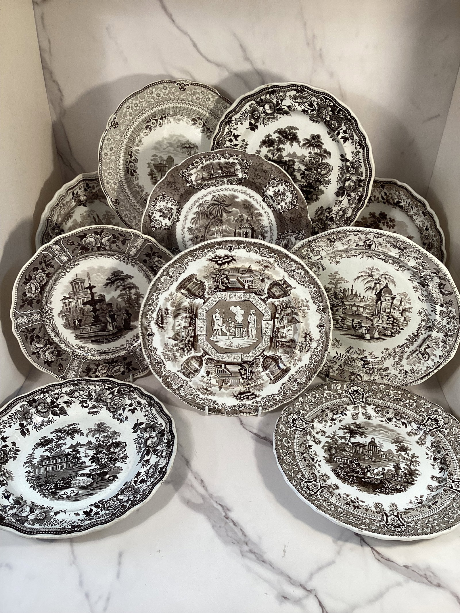 10 Assorted English Staffordshire Brown Transferware 9 inch Plates (1 of 1)