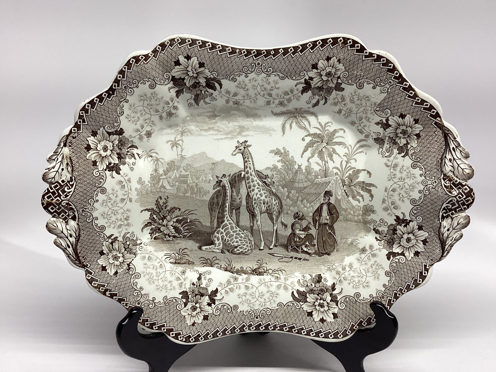 Ridgway 1836 GIRAFFE Transferware Scalloped 2 Handle 15.5 Inch Platter Brown (1 of 2)