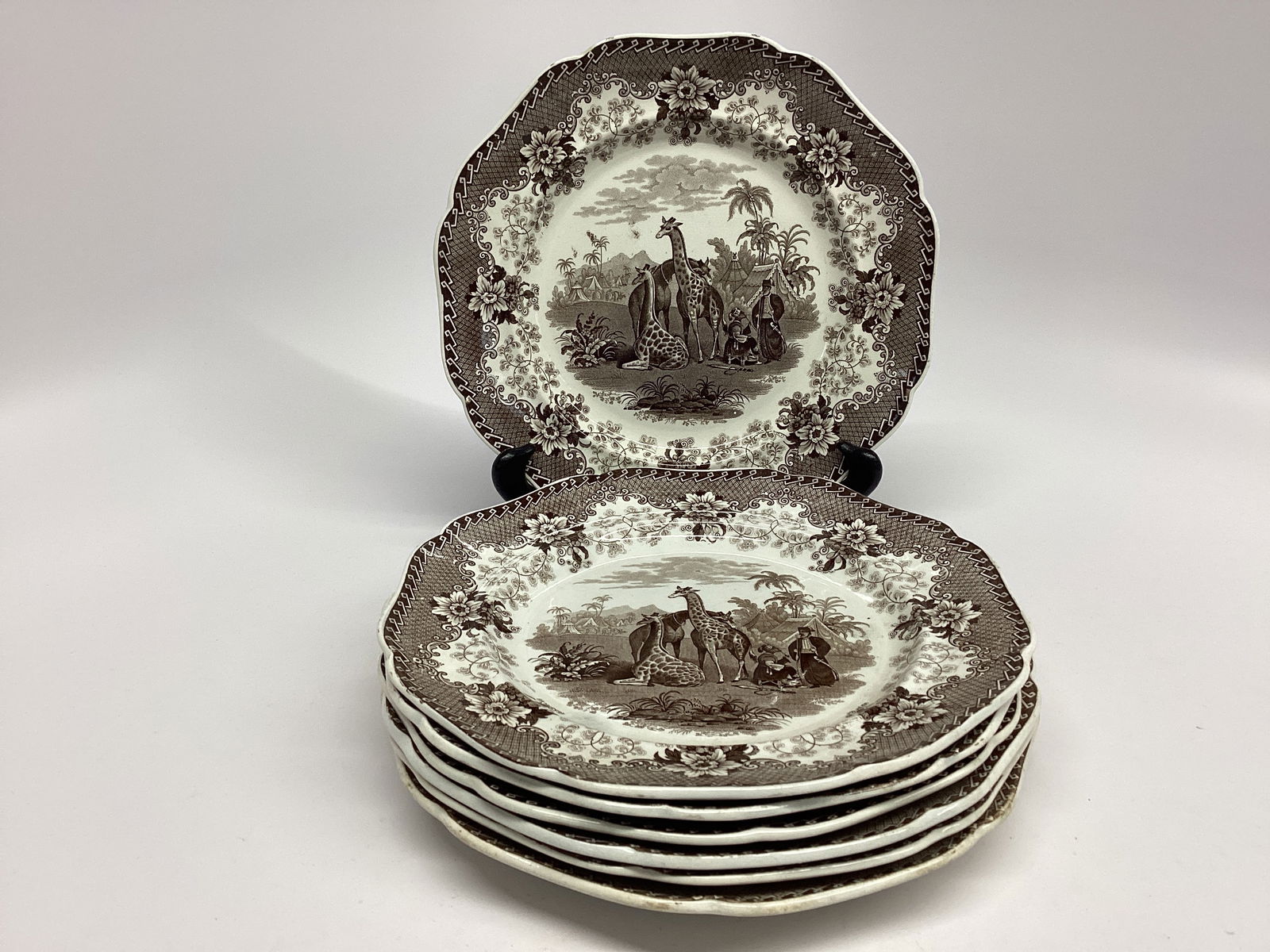 Set 7 Ridgway 1836 GIRAFFE STONEWARE Dinner Plates Brown 10 InchTransferware (1 of 2)