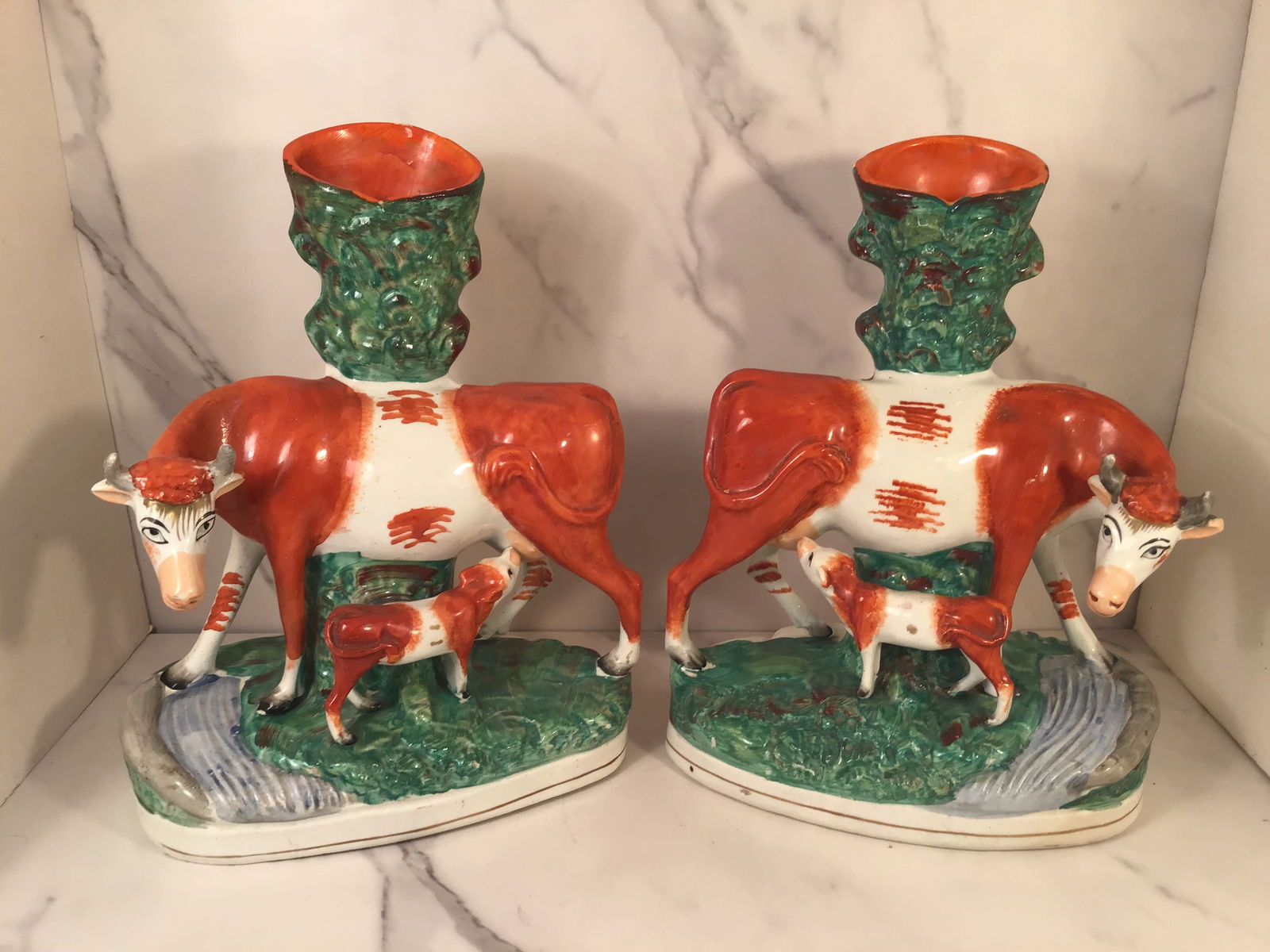 Large Pair Cow Staffordshire Spill Vases C1850 (1 of 3)