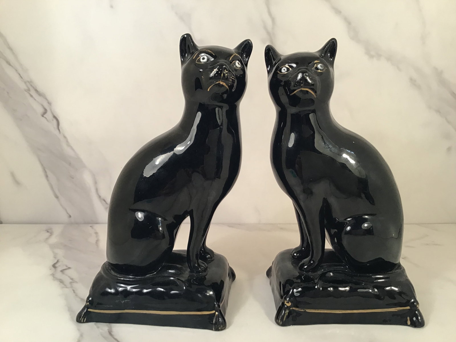 RAREST Pair Antique Staffordshire Gilt Jackfield Cats on Pillow c1820: 7" Tall