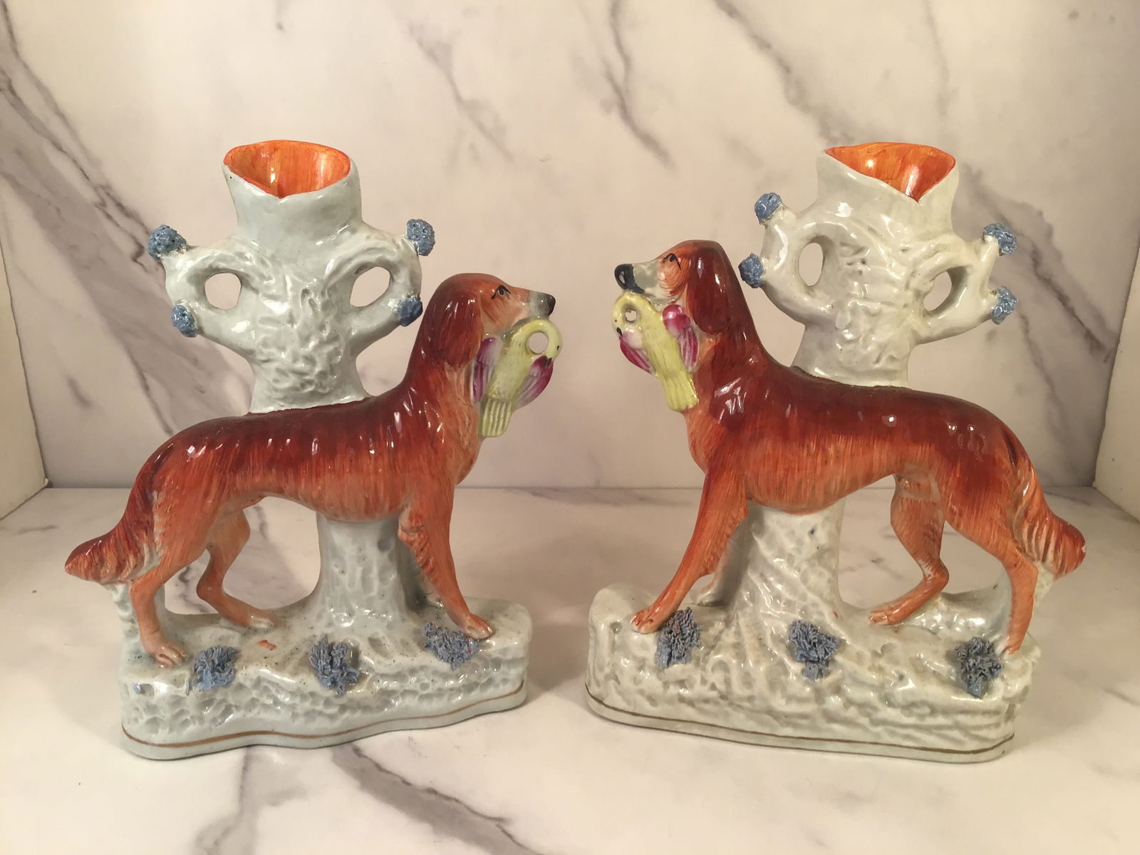 Rare pair Staffordshire Irish Setter Hunting Dogs Ducks Spill Vases (1 of 3)