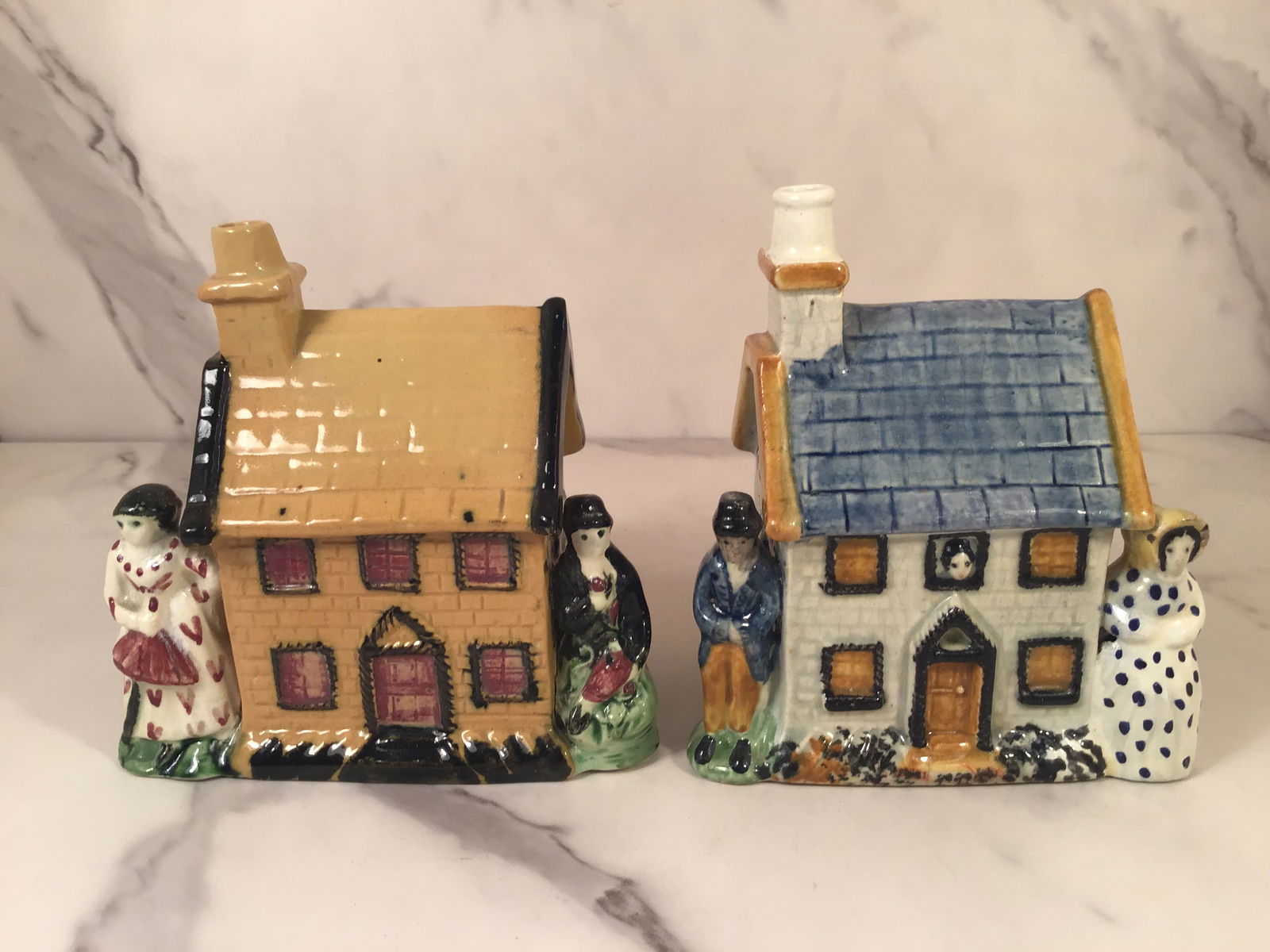 Two Antique Staffordshire Prattware Cottage Banks Pearlware C1820 (1 of 3)