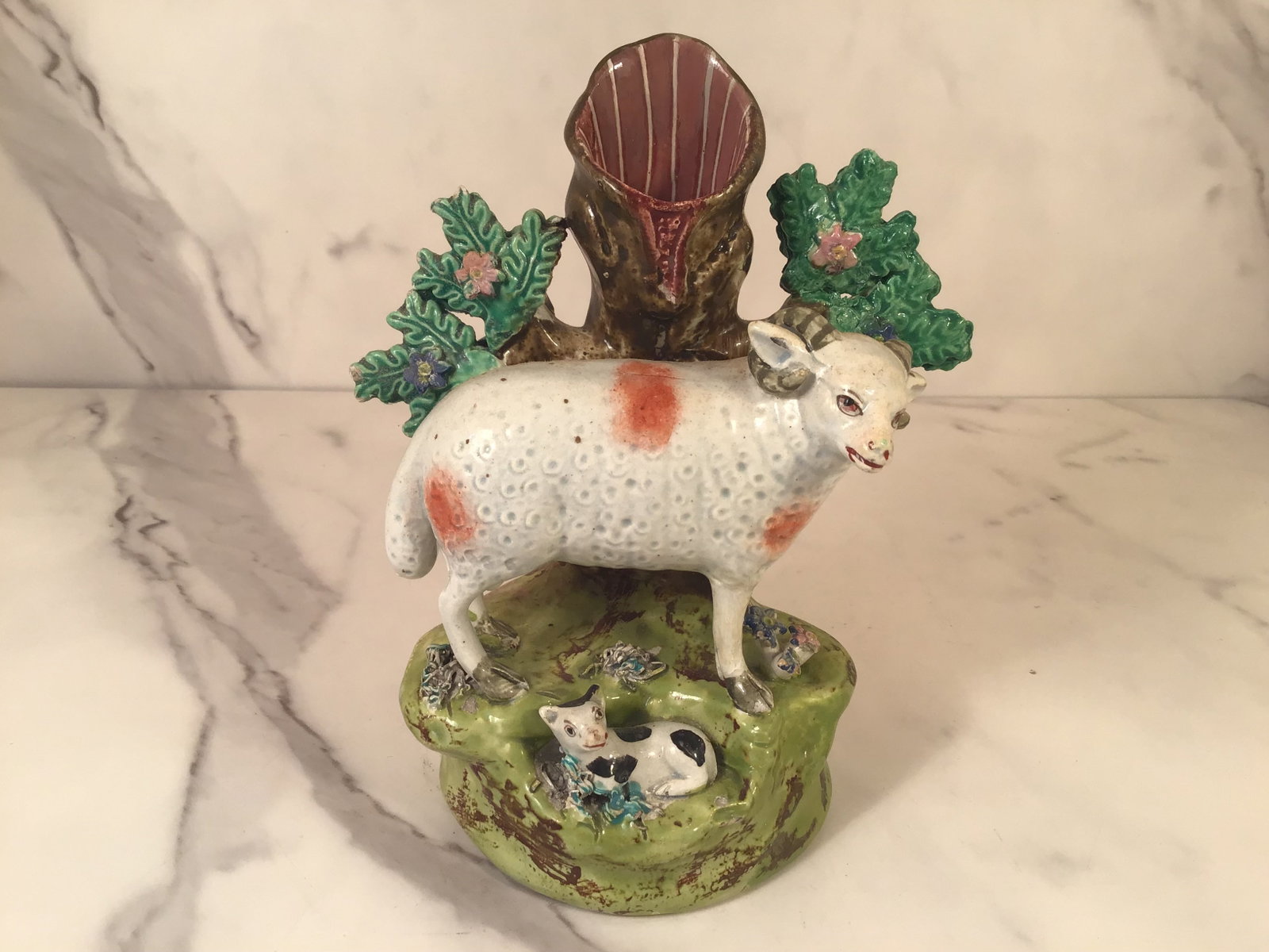 STAFFORDSHIRE RAM with baby FIGURE BOCAGE Spill Vase: 6" Tall. A charming scene of a mother over her baby in a pastoral setting.