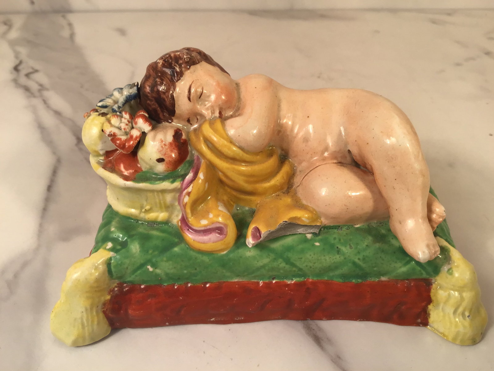 Rare Colorful Staffordshire Sleeping Baby On Pillow: 5" Wide