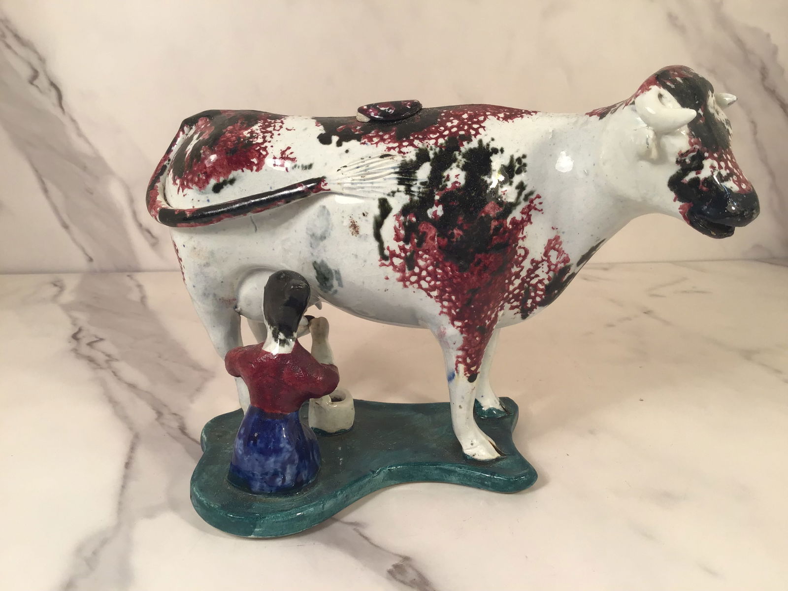 RARE Antique 19thC Staffordshire Pearlware Pottery Cow Creamer Maiden (1 of 3)