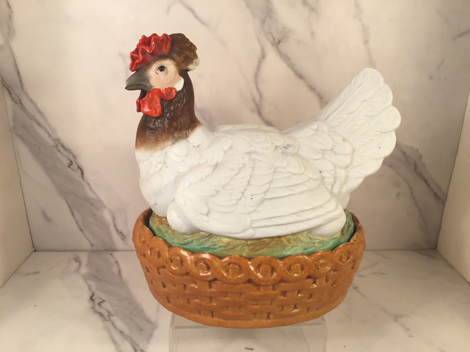 Antique 9 Inch Staffordshire Hen On Basket: 9" Wide at its widest measurement. Top is matte finished.bottom is glazed.