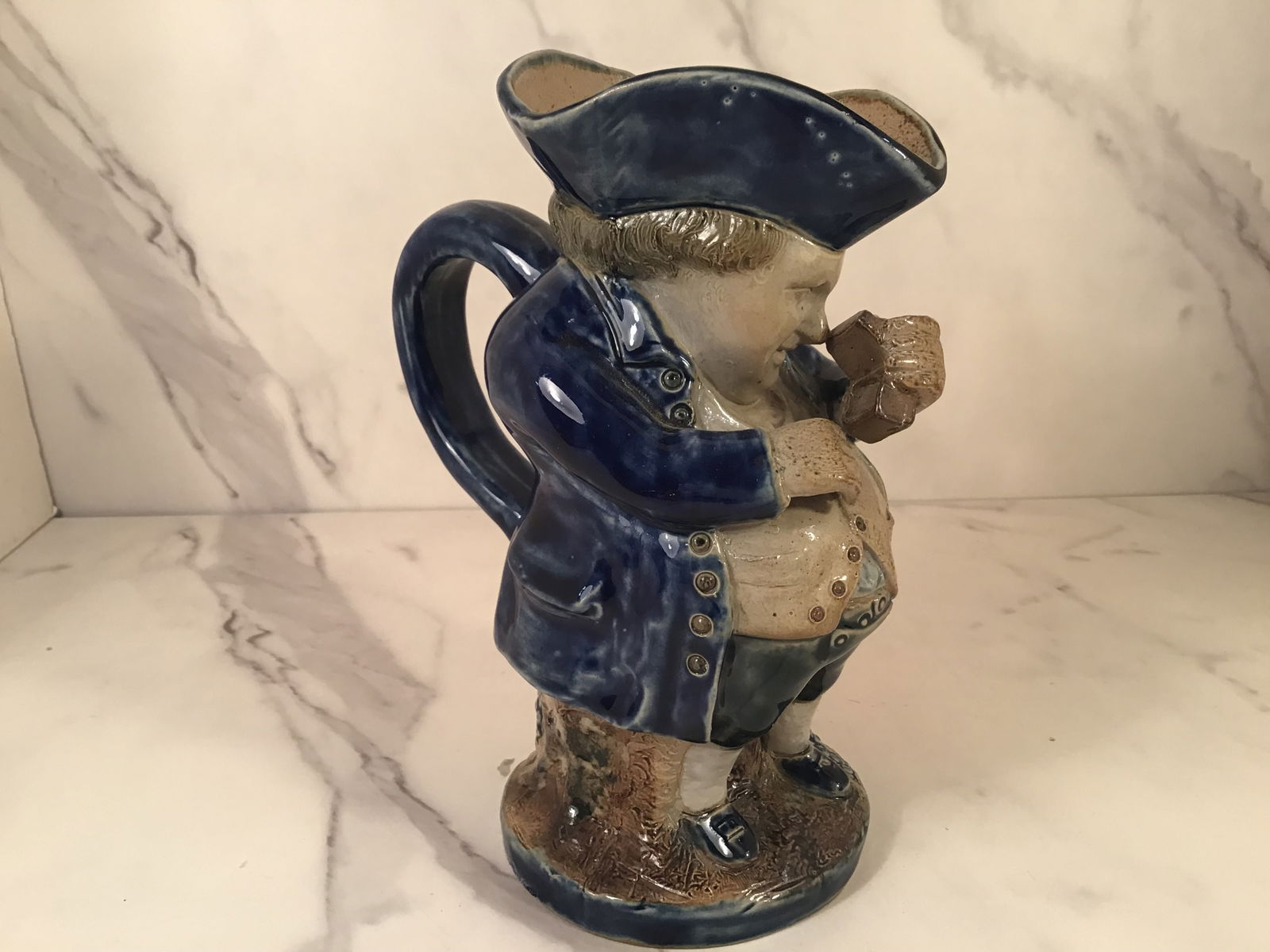 Antique English Stoneware Toby Jug with Snuff Box: Depicts a gentleman sniffing a snuff box