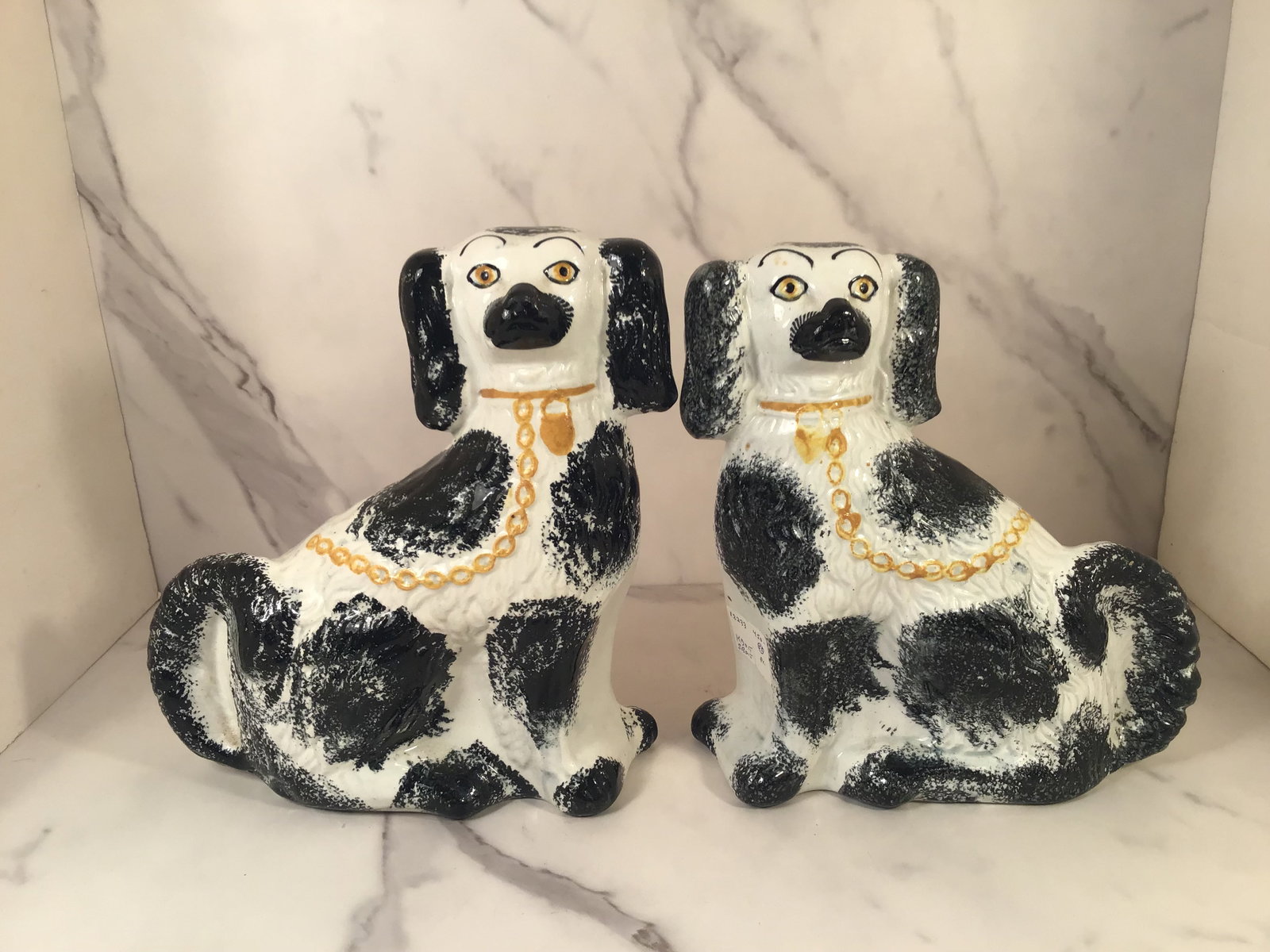 Pair 19thC STAFFORDSHIRE BLACK & WHITE SPANIEL DOGS c1850s (1 of 2)