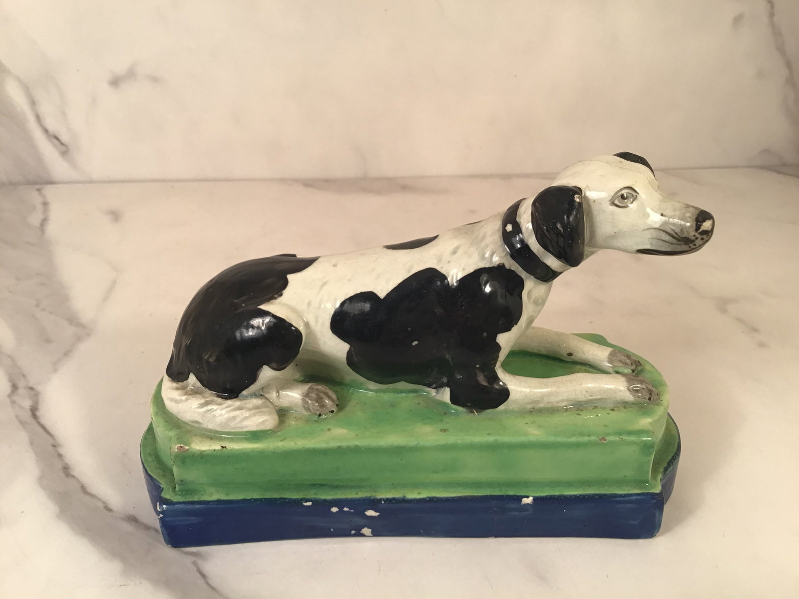 Fine English Staffordshire Pearlware Recumbant Dog: 6.25" Wide