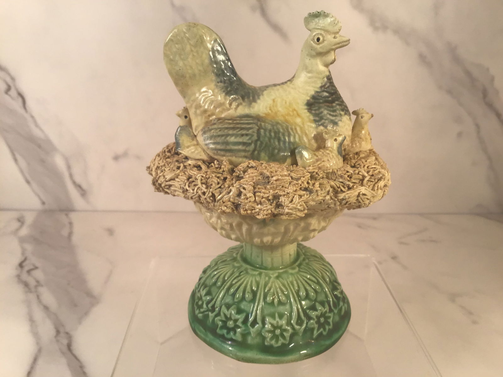 Rare English Creamware Hen on Raised Basket with Chicks (1 of 4)