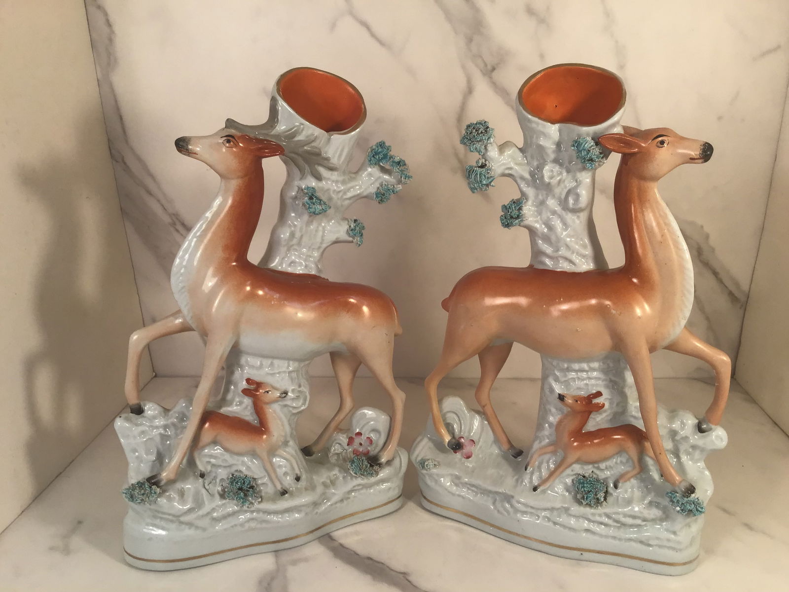 Matched Large Pair English Staffordshire Deer Fawn Spill Vases (1 of 3)