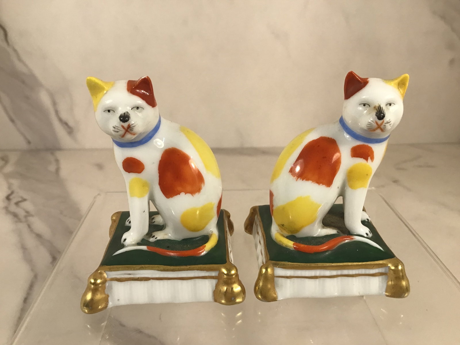 English Porcelain Miniature Cats on Pillows: Each 2.25 inchesStamped with a gold anchor on the base