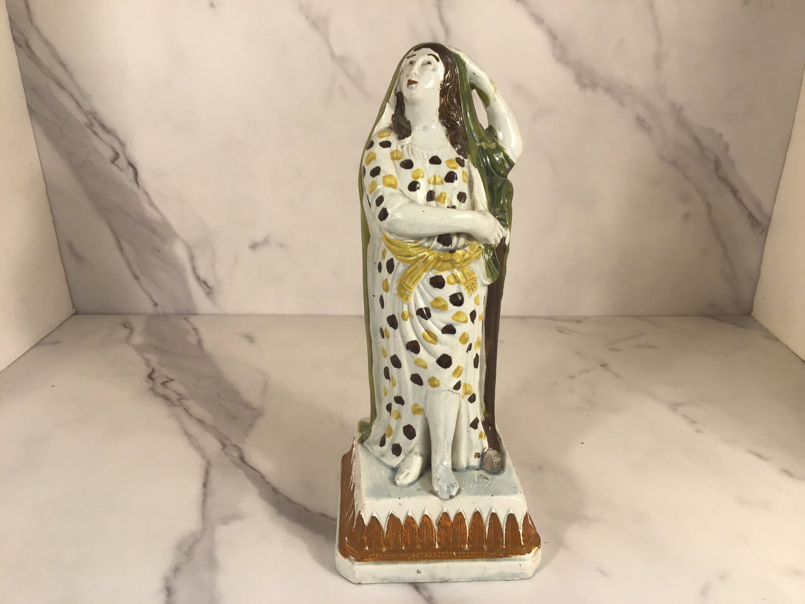 Early English Pearlware Pratt Decorated Figure of a Maiden: 8.5 inches tall