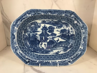 English Staffordshire Blue and White Serving Bowl Canton Style