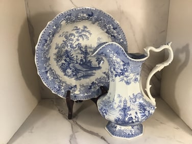 English Staffordshire Blue and White Wash Pitcher and Bowl