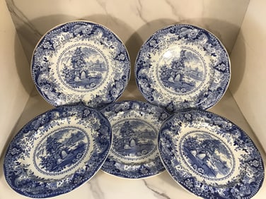5 English Staffordshire Blue and White R Hall ITALIAN BUILDINGS Plates