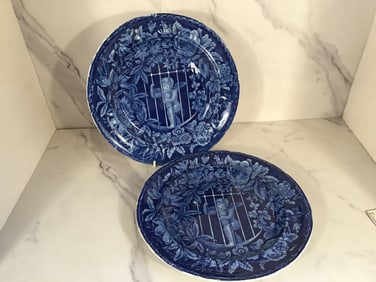 Pair Enoch Wood Dark Blue Cupid Behind Bars Plates
