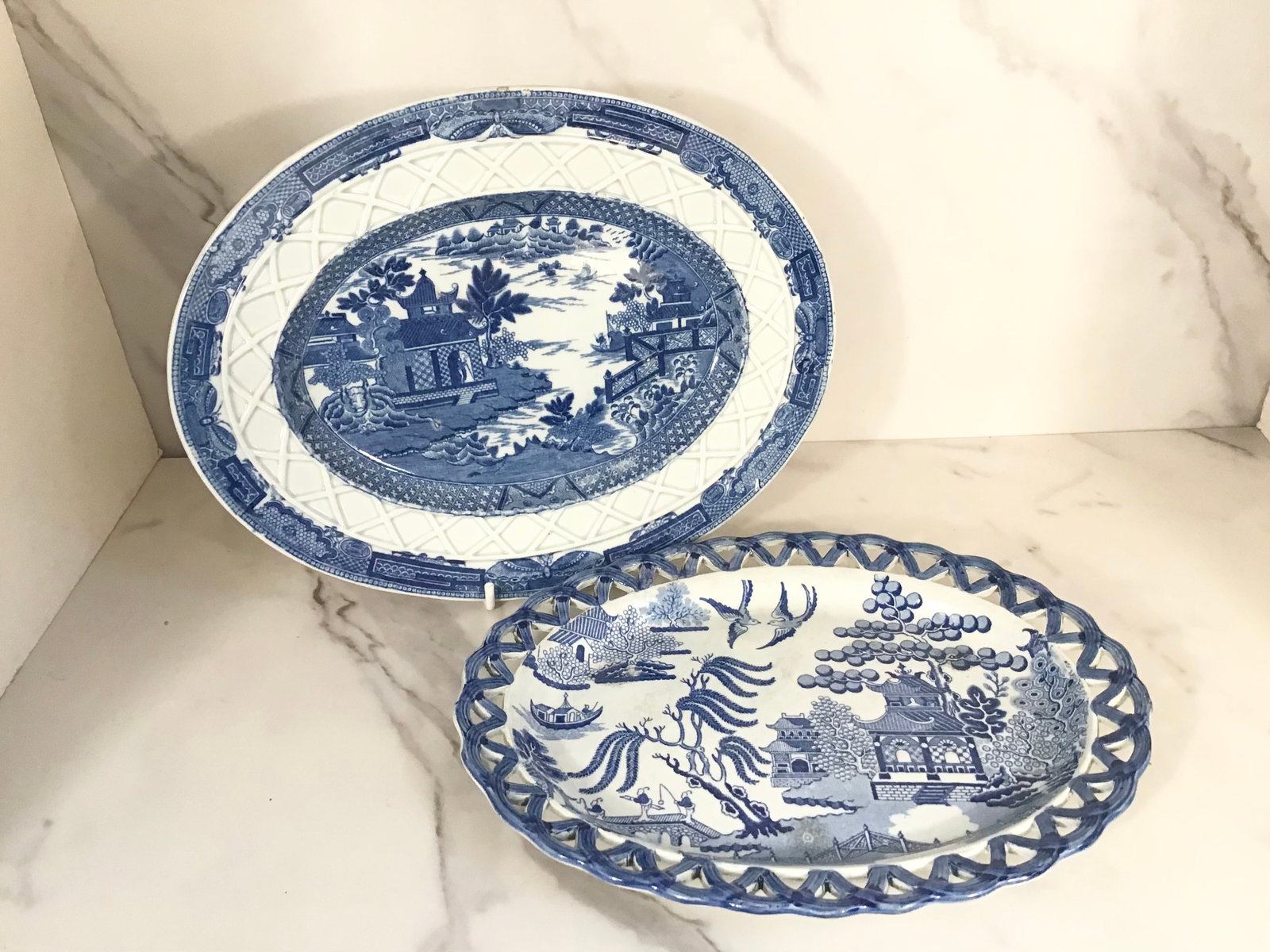 2 English Pearlware Blue and White Undertrays: Largest is 10.25"