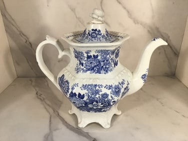 English Staffordshire Blue and White Transferware Coffee Pot