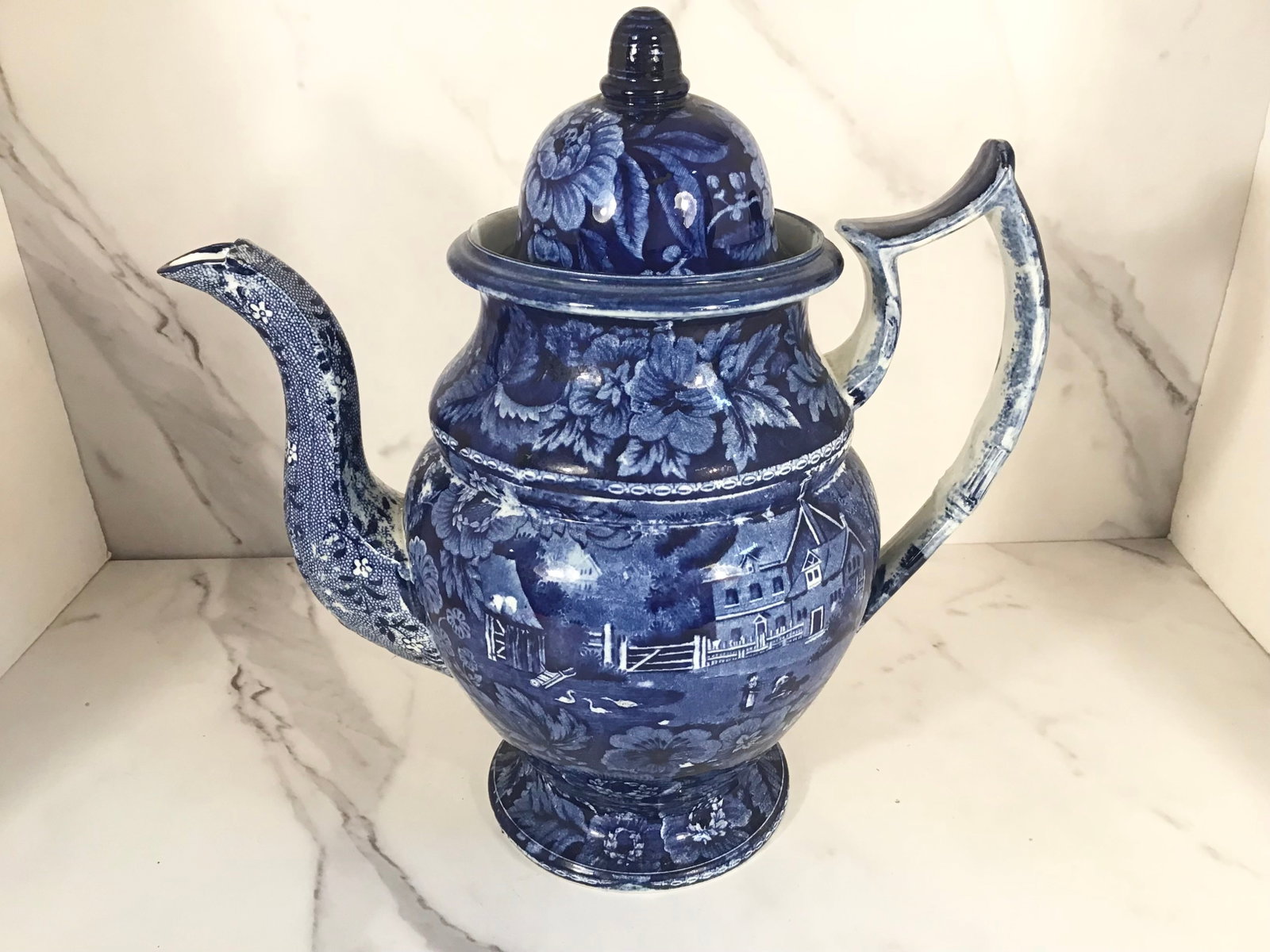 English Dark Blue Staffordshire Dome Top Coffee Pot: 10.5" Tall