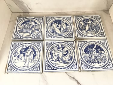 6 Antique Blue and White Minton SHAKESPEARE Tiles