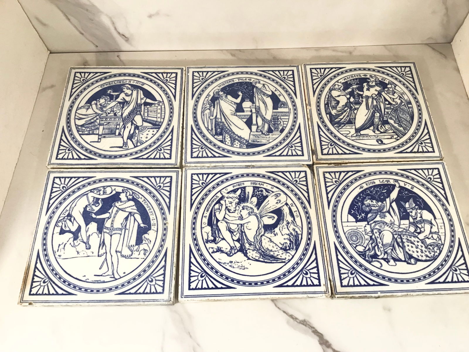 6 Antique Blue and White Minton SHAKESPEARE Tiles: 6" each