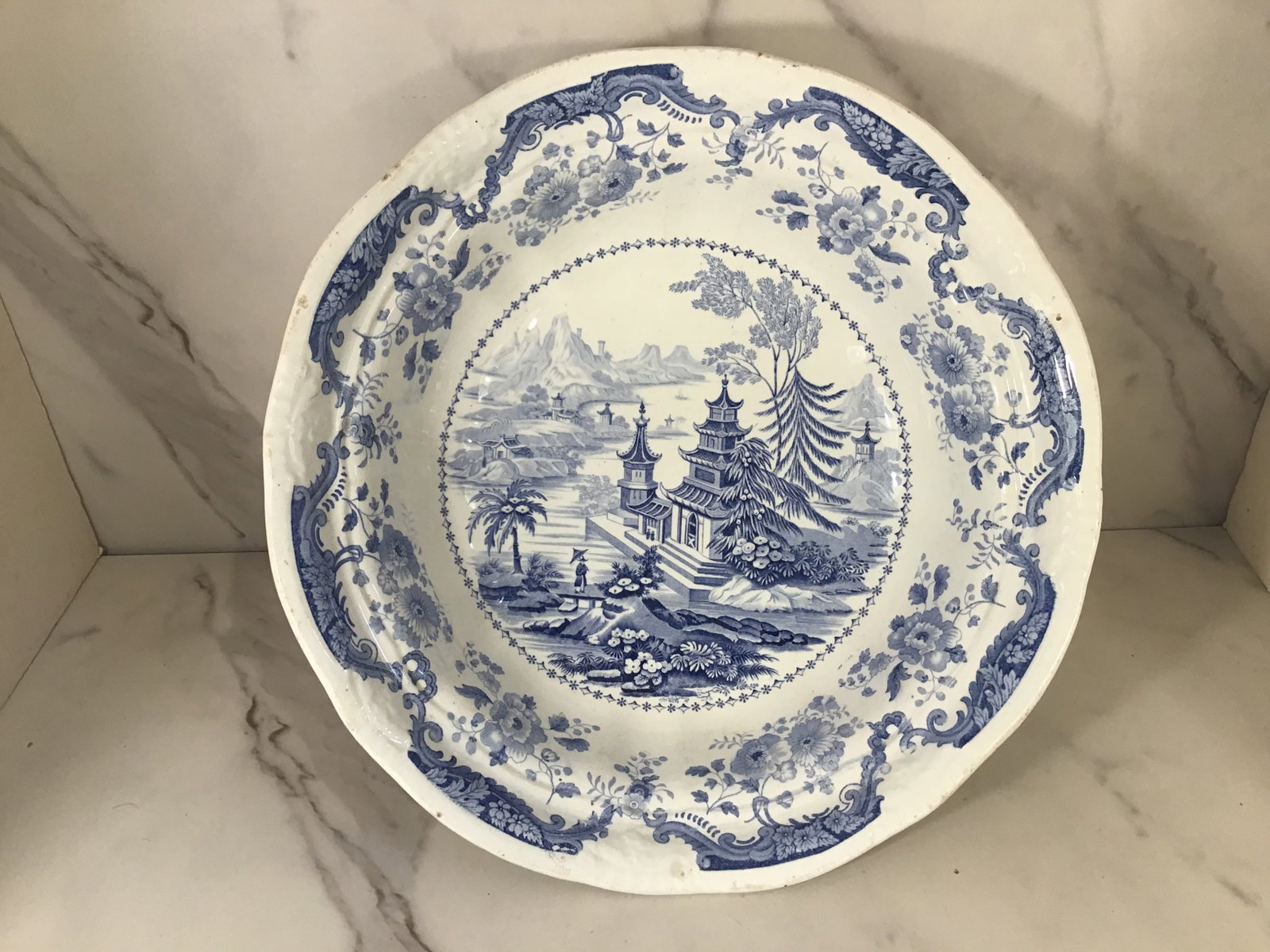 English Blue and White Transferware Footed Bowl: 11.25" round. Possibly Davenport