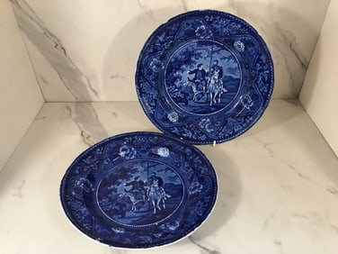 Pair English Dark Blue Staffordshire Pearlware DON QUIXOTE Plates