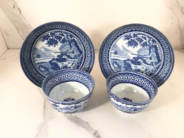 2 English Pearlware Blue and White Cups and Saucers Hunting Scene