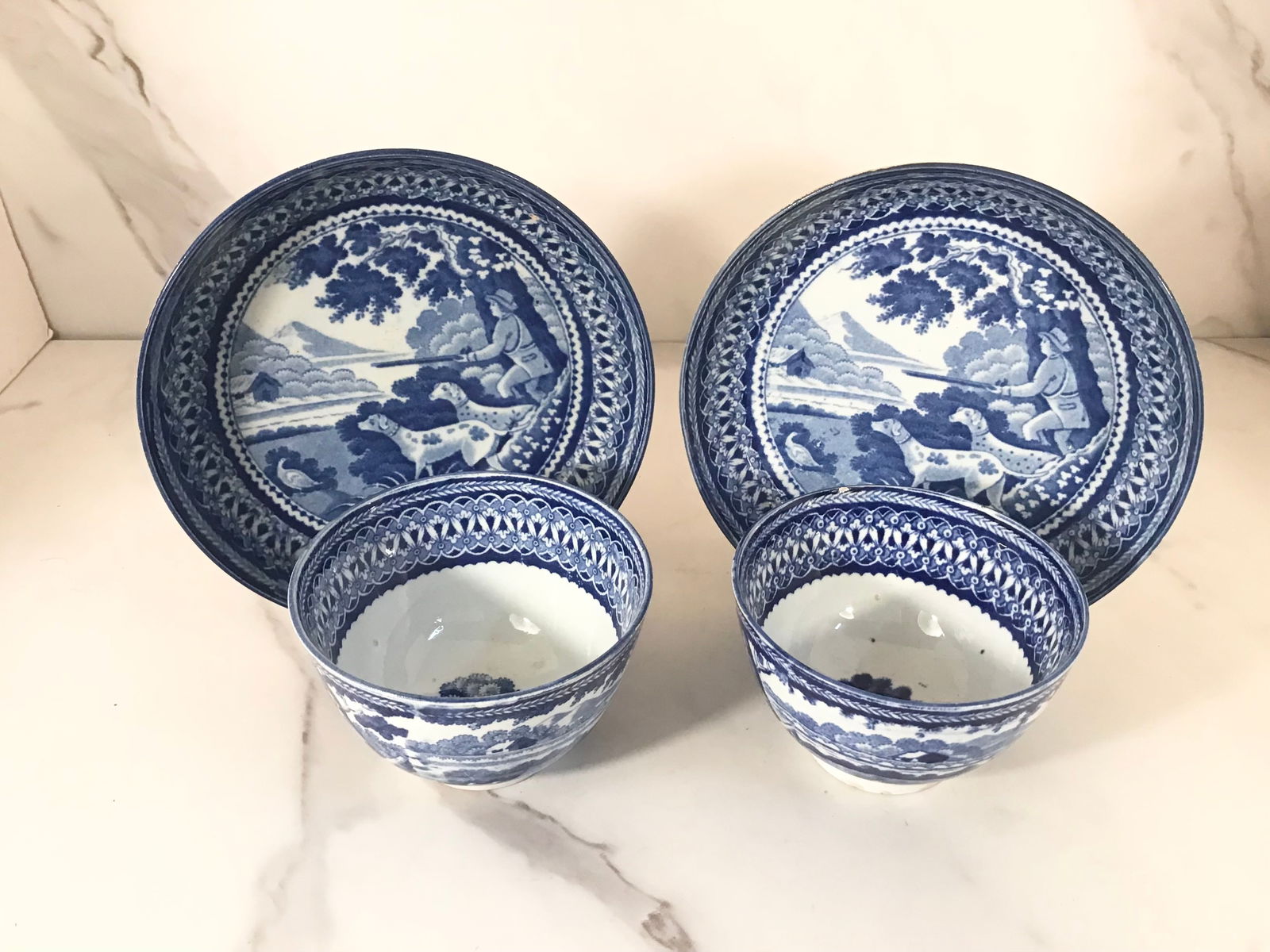 2 English Pearlware Blue and White Cups and Saucers Hunting Scene (1 of 5)