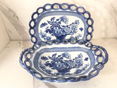 English Pearlware Blue and White Riley Basket and Tray