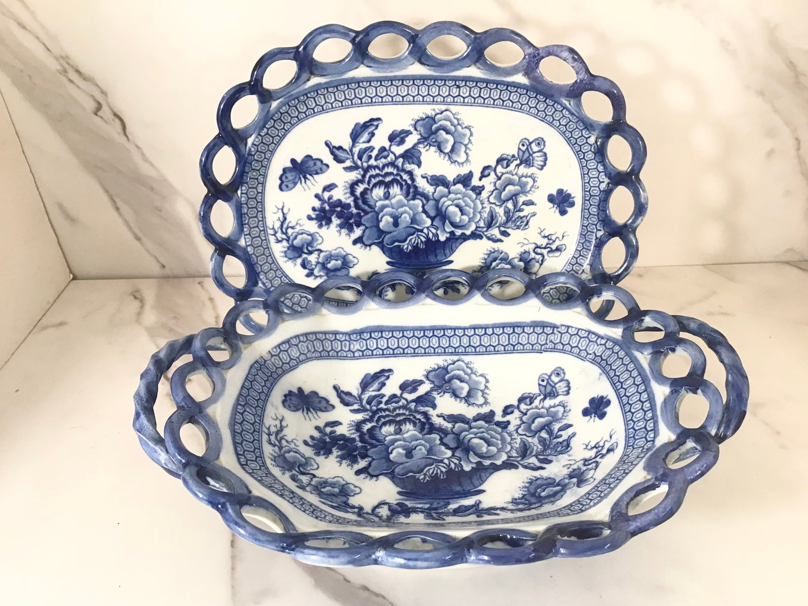 English Pearlware Blue and White Riley Basket and Tray: Basket is 10.5" wide
