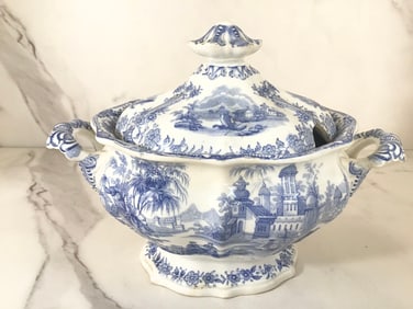 English Staffordshire Blue and White Covered Tureen